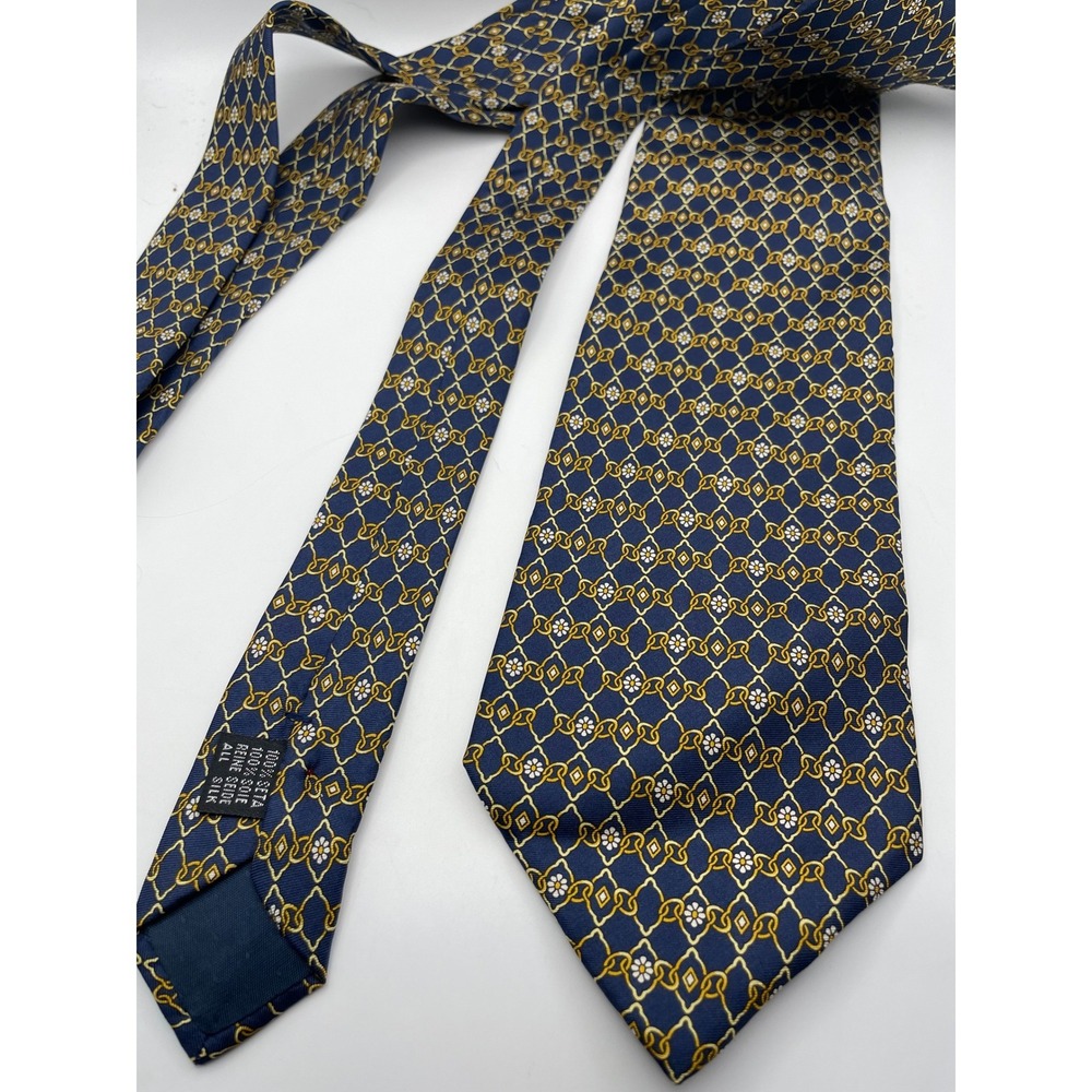 Balmoral Mens Silk Tie Navy Blue Gold Chain Link Floral Geometric Classic 3.75in